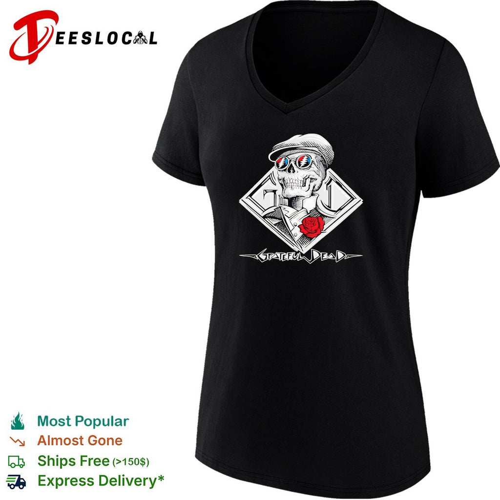 Grateful Dead skeleton skull wearing cap and sunglasses with red rose shirt