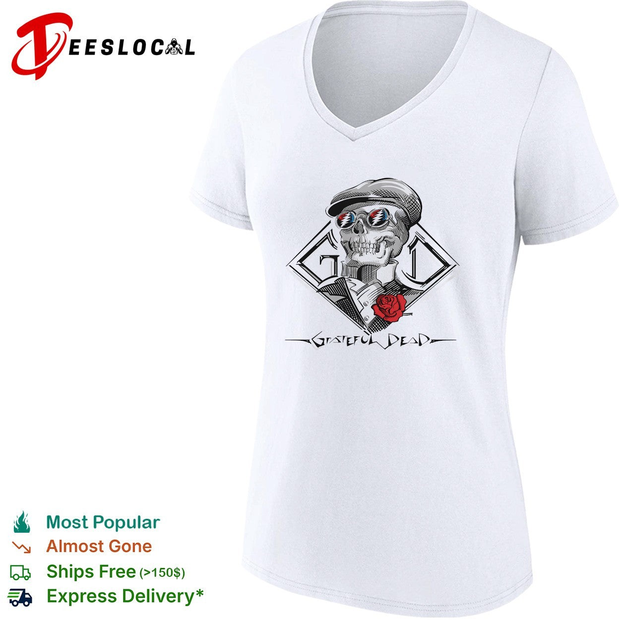 Grateful Dead skull with rose and sunglasses shirt