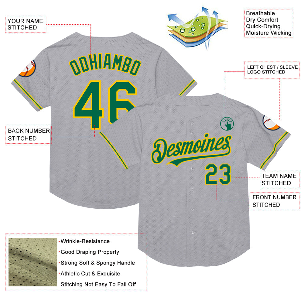 Custom Gray Kelly Green-Yellow Mesh Authentic Throwback Baseball Jersey T-Shirts, Hoodie, Sweatshirt (Image 3)
