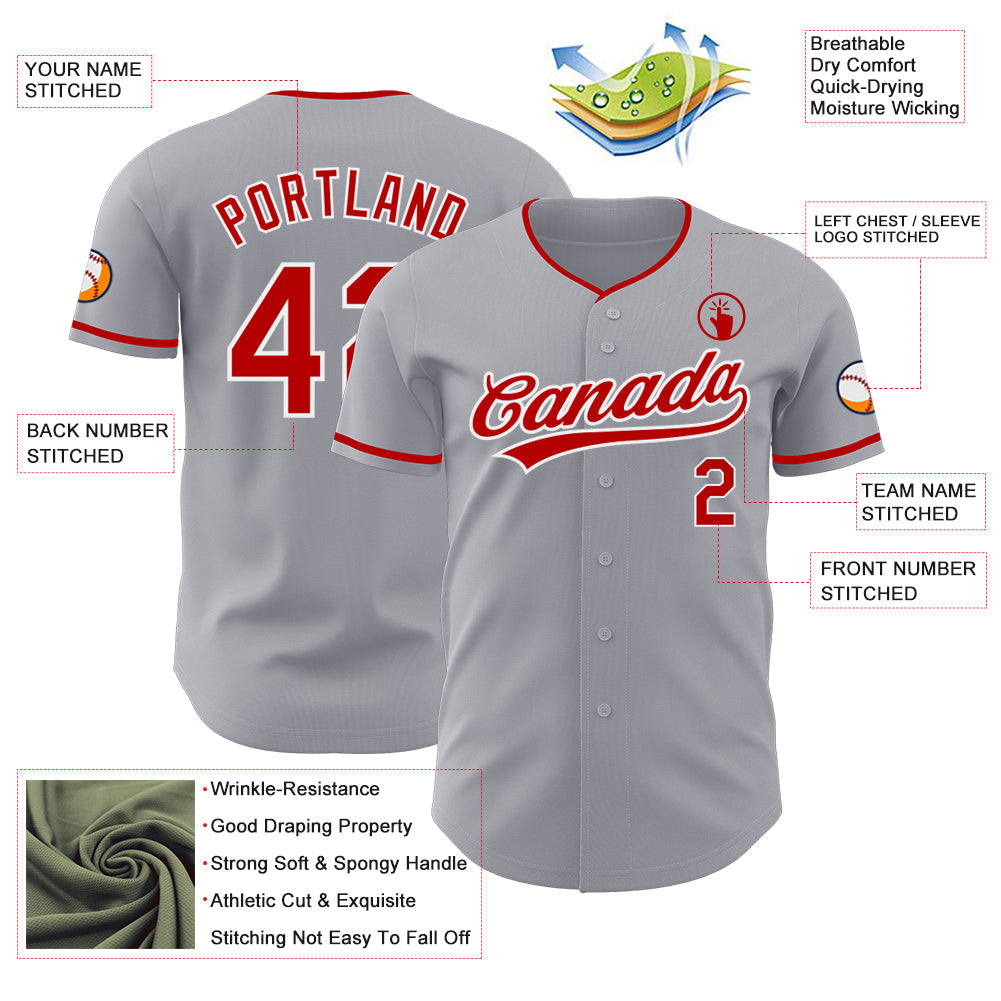 Custom Gray Red-White Authentic Baseball Jersey