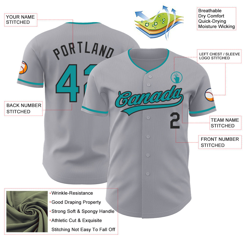 Custom Gray Teal-Black Authentic Baseball Jersey