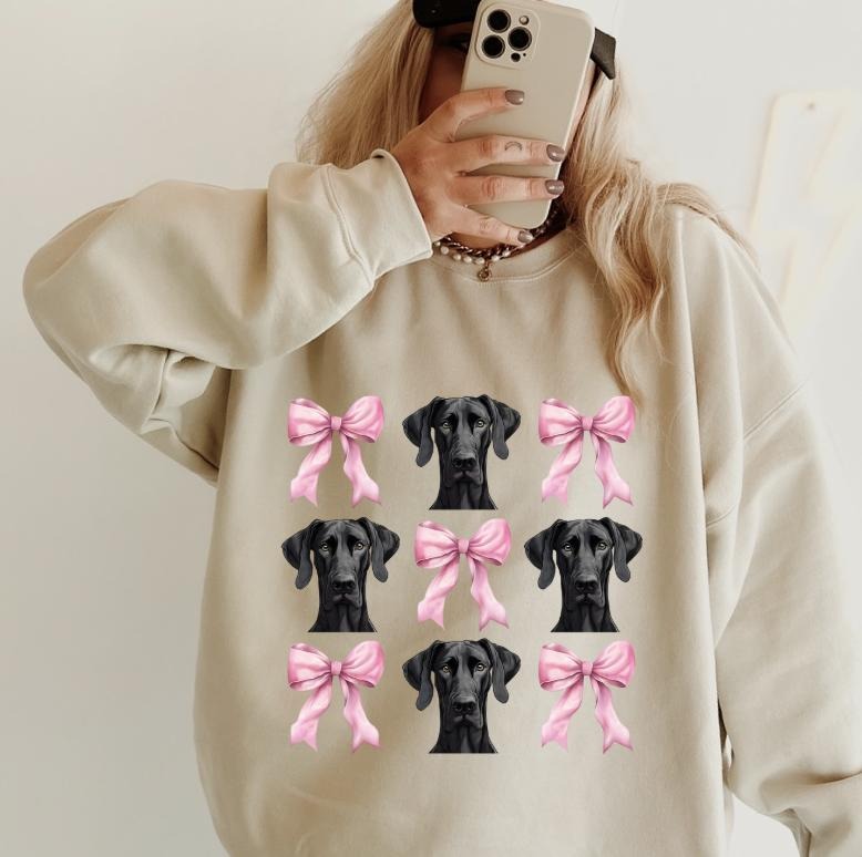 Great Dane with Bows Sweatshirt ~ Sweatshirt Unisex Apparel Relaxed Fit Printed in the USA Clothing Womenswear Casual and Comfortable