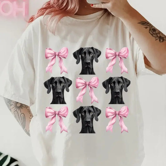 Great Dane with bows Shirt ~ Unisex Apparel Relaxed Fit Printed In The USA Clothing Womenswear Casual Comfort Cotton Top Athletic Boho Chic
