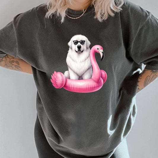 Great Pyrenees Flamingo Float Dog Shirt ~ Unisex Apparel Relaxed Fit Printed In The USA Clothing Womenswear Casual Comfort Cotton Top Athletic Boho Chic