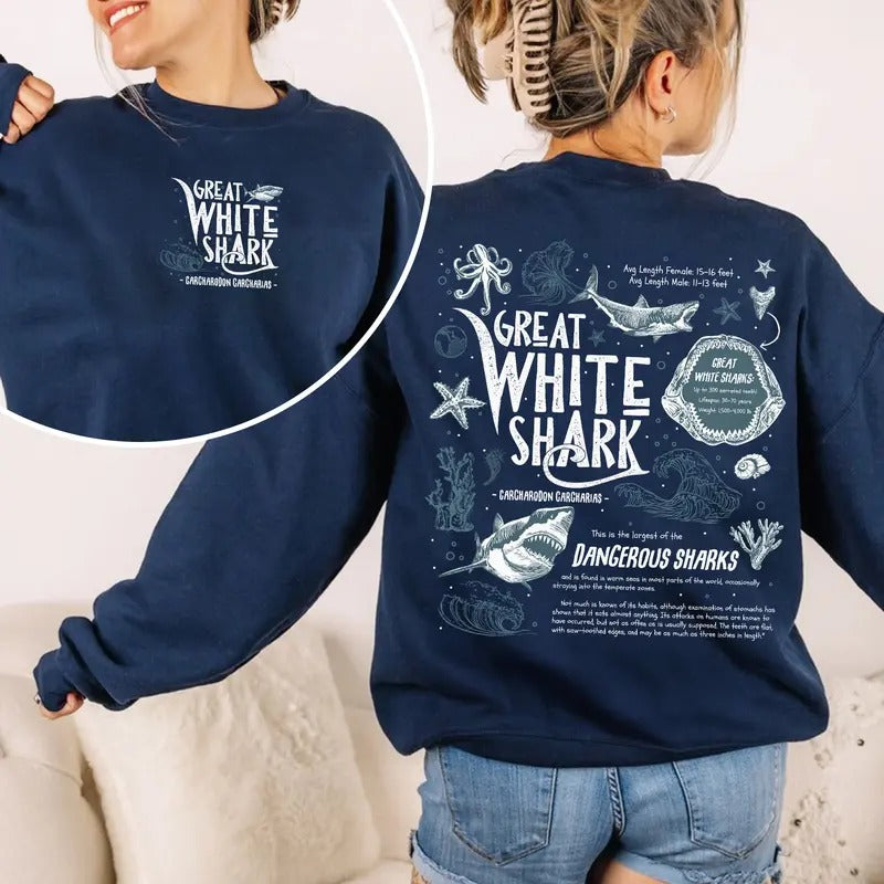 Great White Shark Shirt, Shark Lover TShirt, Sea Animal Lover Gift, Ocean Conservation Tee, Womenswear Ocean Crewneck, Vintage Shark Shirt