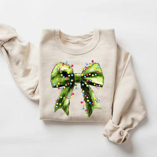 Green Coquette Bow Christmas Sweatshirt, Christmas Green Bow Sweater, Christmas Lights Shirt, Christmas Xmas Pajamas Holiday Shirt, Winter Holiday Sweatshirt, Women Christmas Gift Shirt