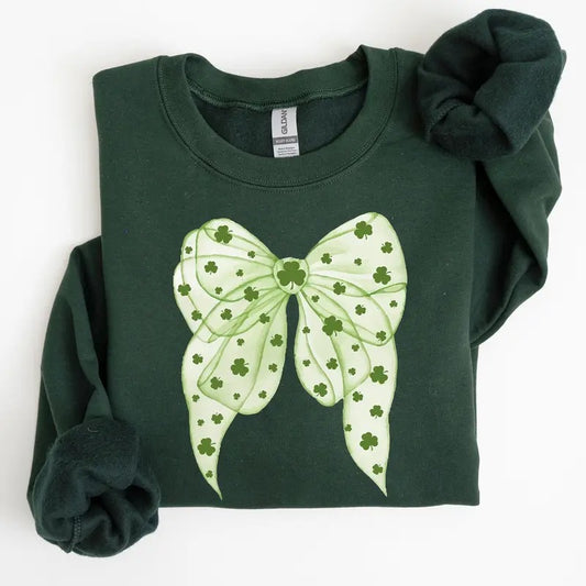 Green Coquette, Bow, Lucky, Shamrock, Lucky Charm, Irish, Retro, St Patrick's Day Sweatshirt, Crew Neck, Women's,...
