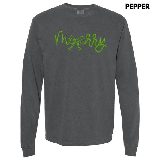 Green Merry Bow PUFF Long Sleeve Comfort Colors T-Shirt