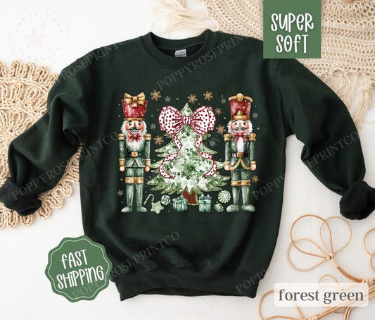 Green Nutcracker Sweatshirt, Coquette Christmas Sweater, Women's Holiday Crewneck