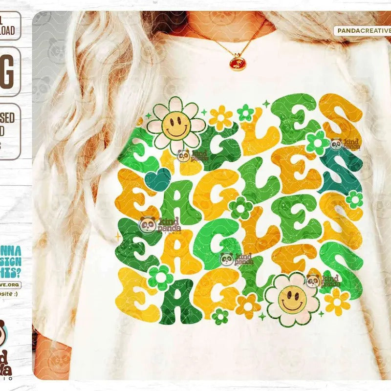 Green Yellow Eagles Png Floral Mascot Sublimation Distressed Game Day Shirt Hoodie Dtf Transfer Retro Floral College Sports Team Fan