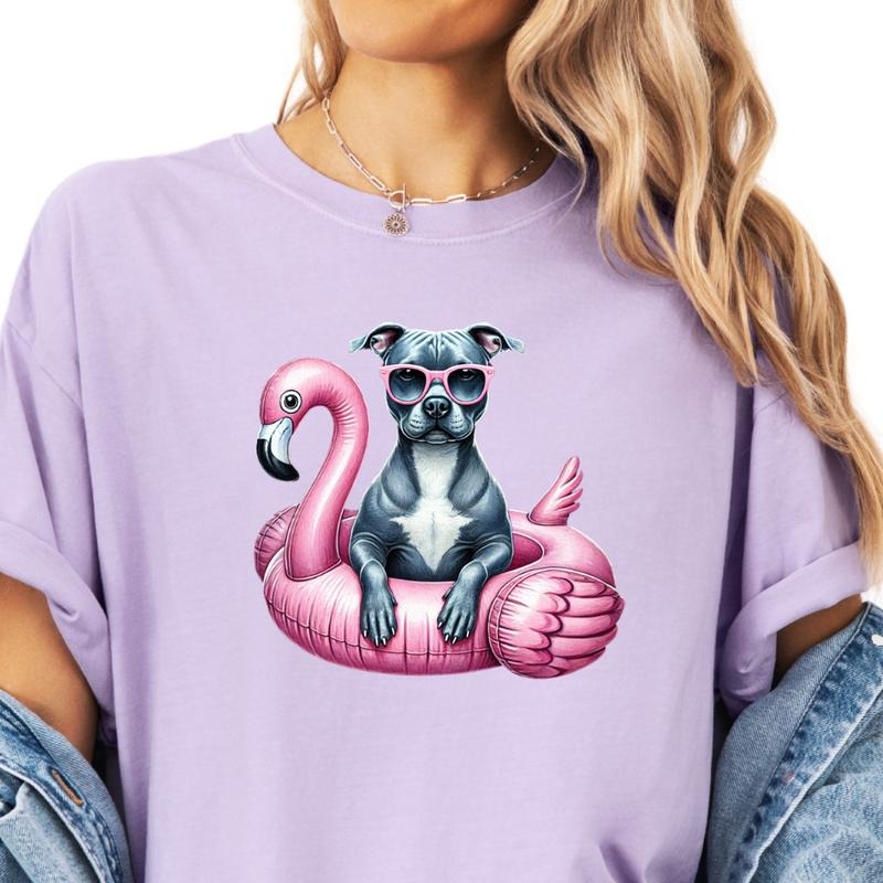 Grey Pitbull Flamingo Float Dog Shirt ~ Unisex Apparel Relaxed Fit Printed In The USA Clothing Womenswear Casual Comfort Cotton Top Athletic Boho Chic