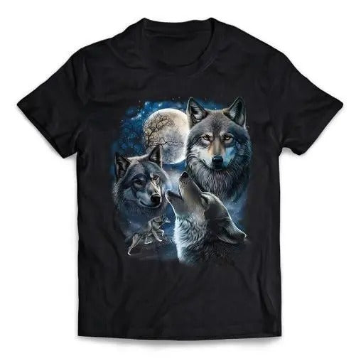 Grey Wolf Under Full Moon, Space, Galaxy, and Stars - Short-Sleeve Unisex T-Shirt Made in USA