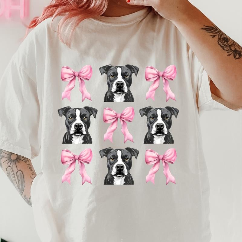 Grey and White Pitbull with bows Shirt~ Unisex Apparel Relaxed Fit Printed In The USA Clothing Womenswear Casual Comfort Cotton Top Athletic Boho Chic