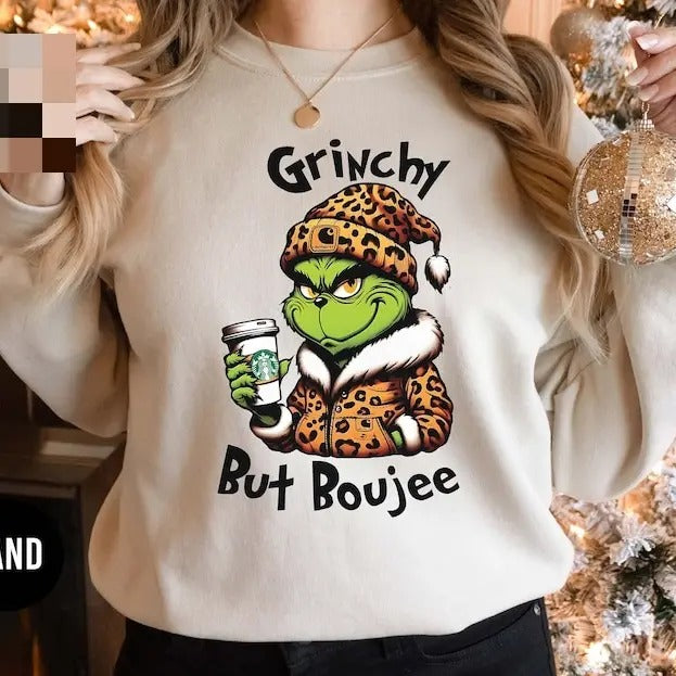 Griinchy but Boujee Christmas Sweatshirt, Trendy Bougie Holiday Sweater, Funny Christmas Gifts for Her, Leopard Print , Women Xmas Womenswear Hoodie