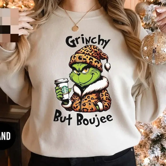 Griinchy but Boujee Christmas Sweatshirt, Trendy Bougie Holiday Sweater, Funny Christmas Gifts for Her, Leopard Print , Women Xmas Womenswear Hoodie