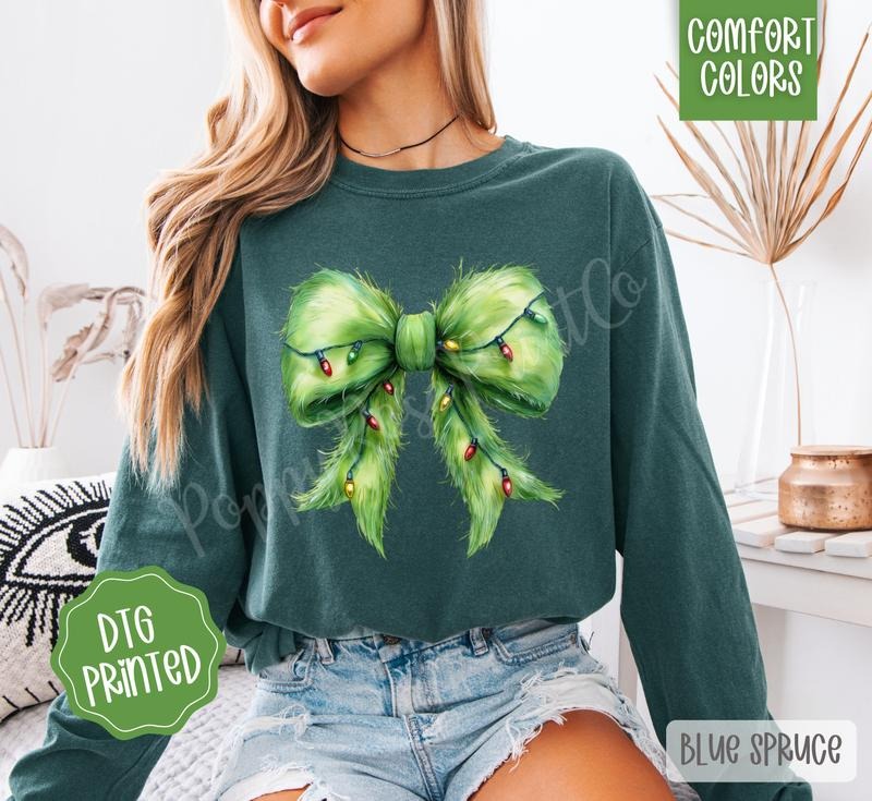 Grinchy Bow Comfort Colors Long Sleeve T-Shirt, Cute Women's Holiday Tee