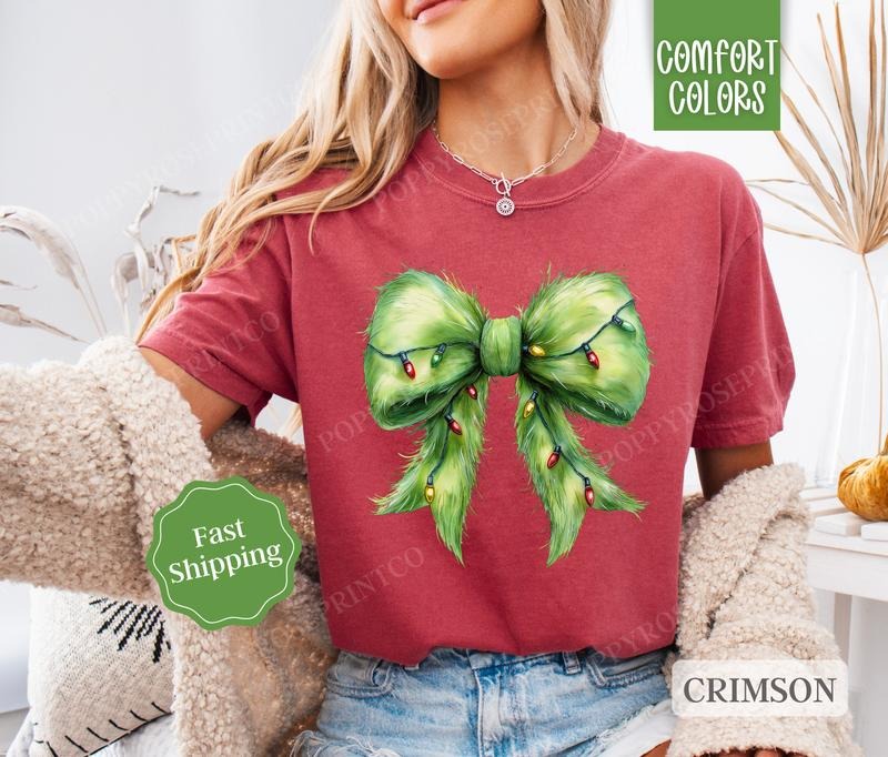 Grinchy Bow Shirt Comfort Colors Holiday Tshirt, Green Fur Bow Women's Holiday Tee christmas shirt