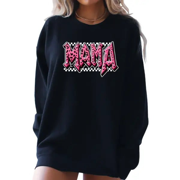 Mama Pink Leopard w/Grommets & Checkered Sweatshirt, T-Shirt or Hoodie, Casual Long Sleeve Pullover for Women, Gothic, Retro, Grunge Graphic Sweater Crewneck Comfort