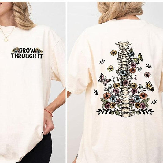 Grow Through It Shirt, Comfort Colors Floral Spine Tshirt, Motivational Shirts, Positive Saying Tshirts, Mental Health T-shirt, Girlfriend Gift, Plant Lady Shirt, Grow Through Tee,Mental Health Tee, Flower Shirt,Floral Skeleton tee, Women Top Comfortable