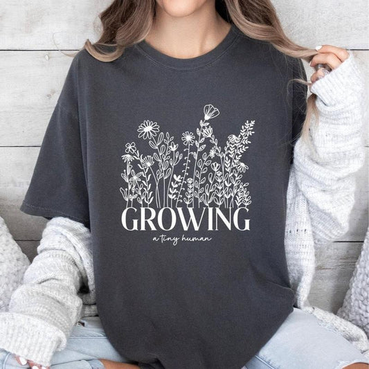 Growing A Tiny Human Pregnancy Announcement Comfort Colors Shirt, Spring Flower Baby Reveal Maternity Shirt, Gift for Expecting