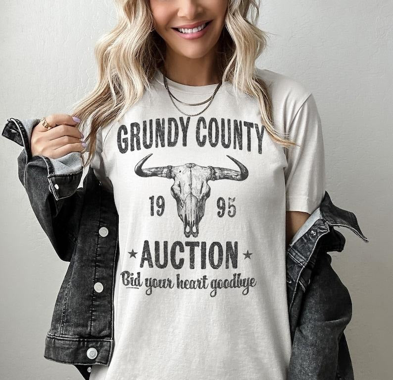 Grundy County Auction Vintage Inspired Concert Tshirt, 90s Country Music Tee, Western Boho Retro Music Band T-Shirt Top Womenswear Streetwear Casual