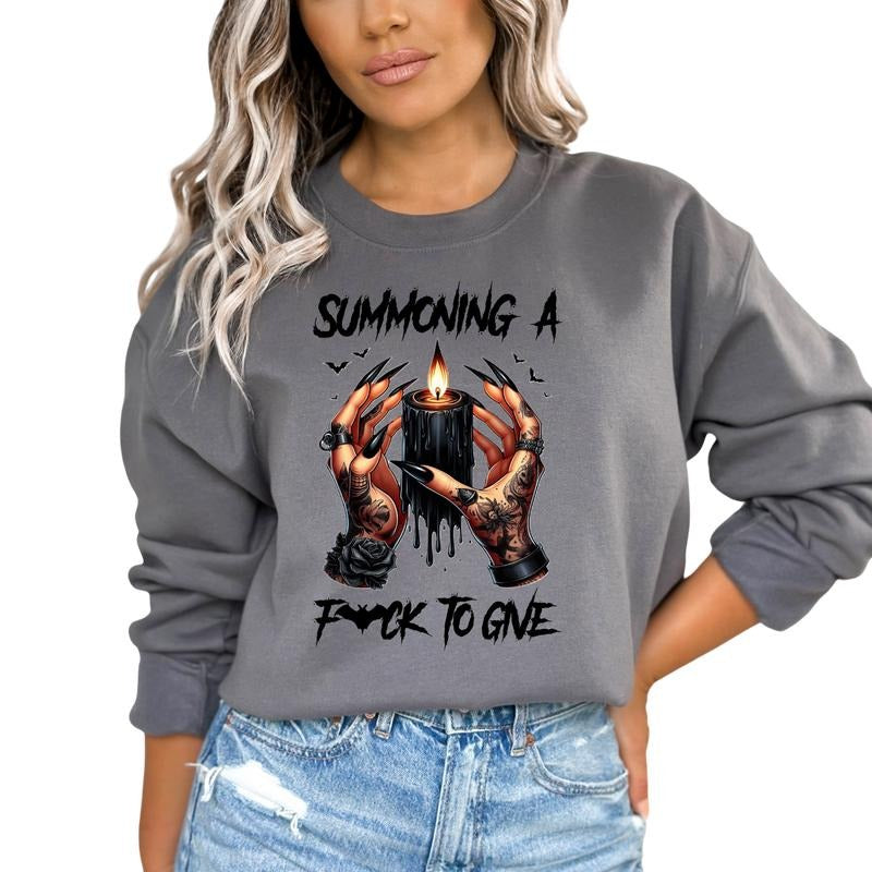 Grunge - Alternative Vibes Graphic Sweatshirt with Witches Hand & Black Candle, Long Sleeve Crewneck Halloween Themed Sweatshirt, Womenswear, Cotton, Comfortable, All Seasons, Hoodie, Grunge Sweater Pullover Sweatshirt