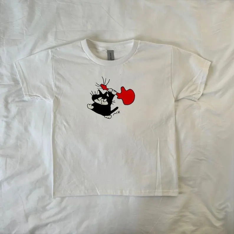 Guitar Cat Baby Tee,Pinterest, retro, streetwear, ahs style, 90s style baby tee, downtown girl, vintage