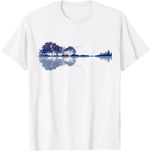 Guitar Lake Reflections in Blue Music Lovers Guitar T-Shirt Made in USA