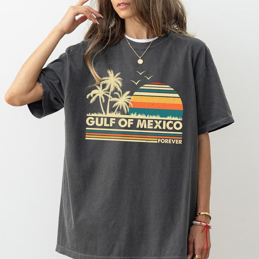 Gulf of Mexico Comfort Colors Shirt, Retro Sunset Gulf of Forever Unisex Graphic Tee, Map Lover Apparel Gift Shirt, Gift for Mexico Clothing
