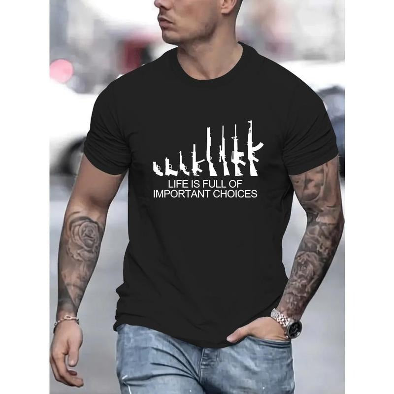 Gun Print, Men's Round Crew Neck Short Sleeve, Simple Style Tee Fashion Regular Fit T-Shirt, Casual Comfy Breathable Top For Spring Summer Holiday Leisure Vacation Men's Clothing As Gift Made in USA