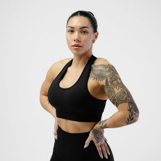 Gymreapers Heritage Bra - Black, Women's Plain Knitted Racerback Sports Bra for Medium to High Support, Summer Collection