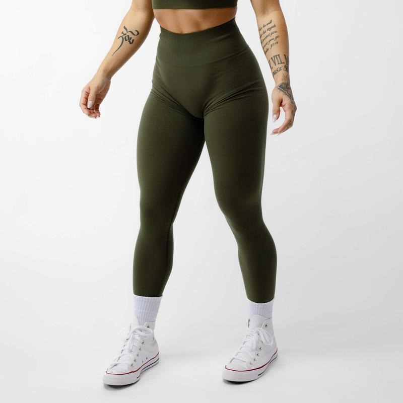 Gymreapers Women's Bottoms - Legacy Seamless Leggings, High-Rise Waistband, V-Tapered Detailing, Back Scrunch, Vintage Green, All Seasons, Knit
