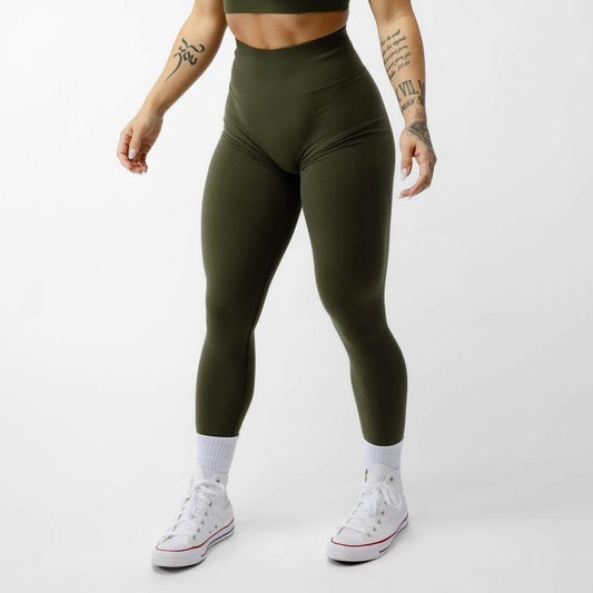Gymreapers Women's Bottoms - Legacy Seamless Leggings, High-Rise Waistband, V-Tapered Detailing, Back Scrunch, Vintage Green, All Seasons, Knit