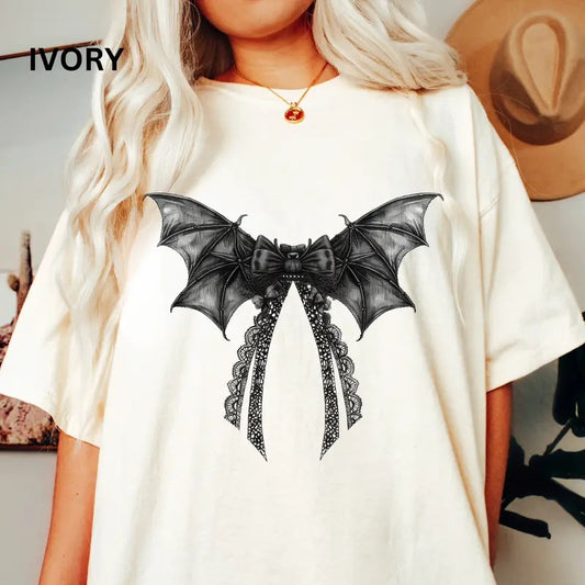 HALLOWEEN GRAPHIC TEES, BOWS AND BATS SHIRT, HALLOWEEN BOW COQUETTE SHIRT, WOMEN'S READING SHIRT, (COMFORT COLORS T-SHIRT, CASUAL SHIRT UNISEX, HALLOWEEN CLOTHING, GRAPHIC APPAREL) Cotton Fabric