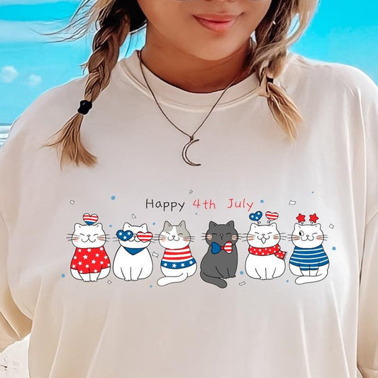 HAPPY 4TH OF JULY CATS SHIRT JULY 4TH SHIRT, 4TH OF JULY MEN SHIRT, UNISEX COTTON SHIRT, OVERSIZED HOLIDAY SUMMER SHIRT Comfort Fabric