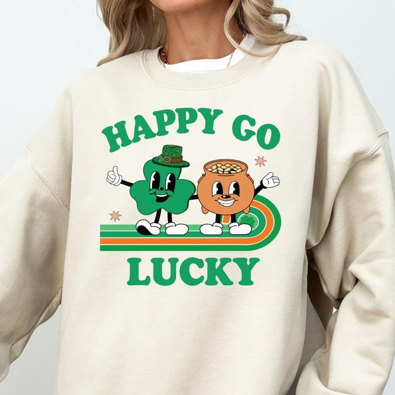 HAPPY GO LUCKY SWEATSHIRT (UNISEX, CASUAL COTTON SWEATSHIRT, HOLIDAY ST. PATRICKS DAY) Womenswear Hoodie