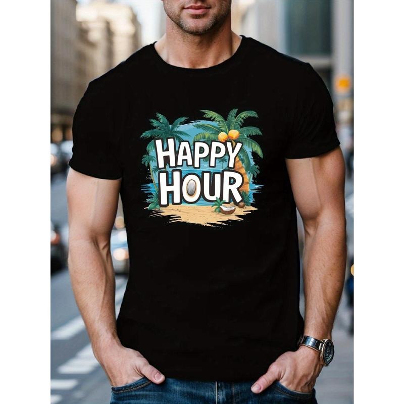 HAPPY HOUR printed men's round neck short sleeve T-shirt, fashion graphic T-shirt, casual and comfortable top Spring and summer vacation leisure vacation menswear as a gift Made in USA