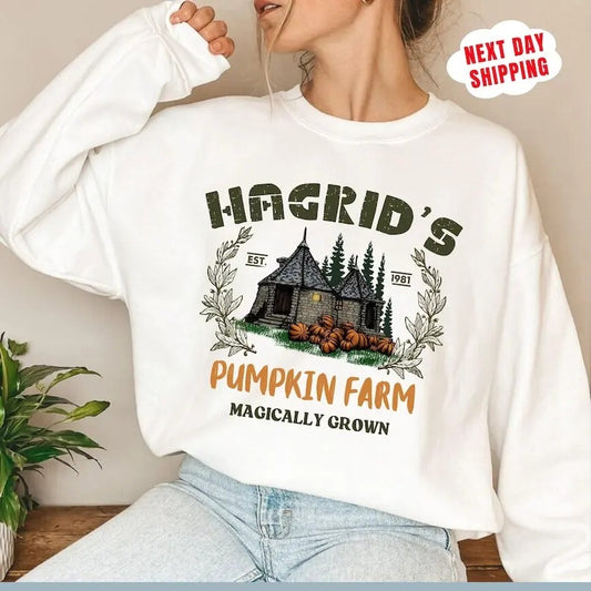 Hagrid's Pumpkin Farm Sweatshirt - White Cotton Sweatshirt with Pumpkin Farm Design, Fall and Halloween Season, Comfortable Fit