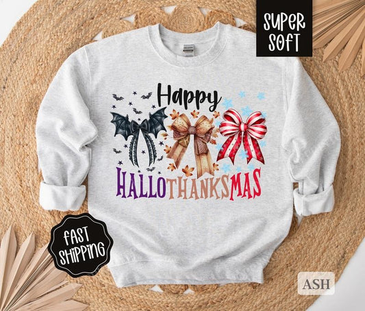 Hallothankmas Sweatshirt, Christmas Sweater,  Halloween Sweatshirt, Women's Holiday Crewneck