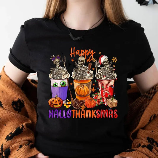 Hallothanksmas Skeletons Coffee Cup Shirthappy Hallothanksmasholiday Season Giftchristmas Partyhalloween Partythanksgiving Dinner Shirt