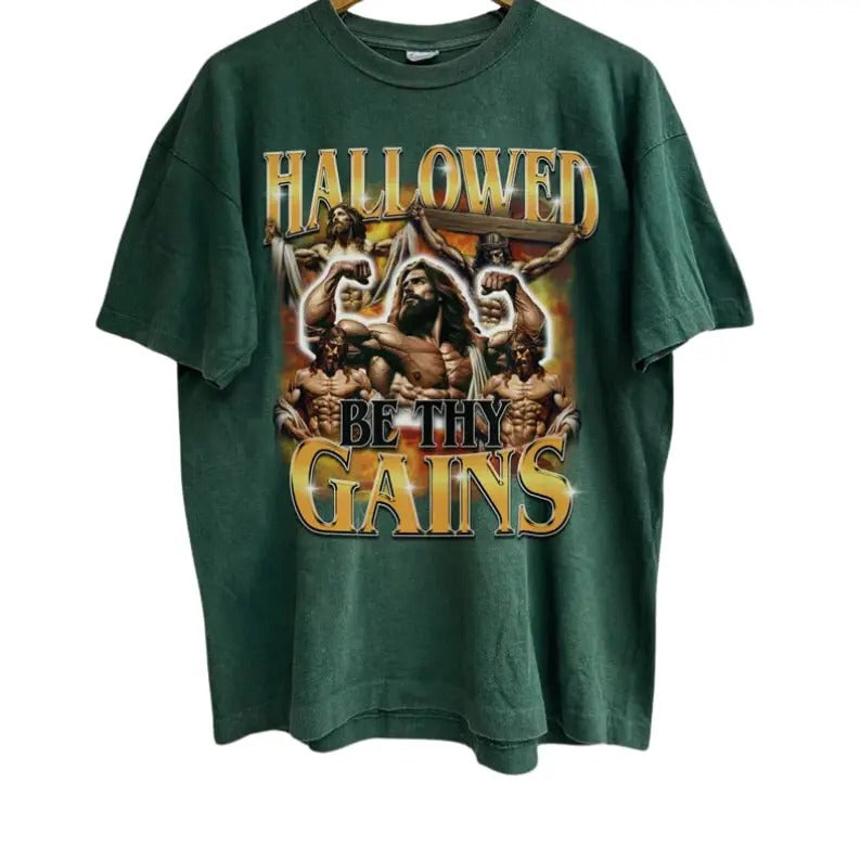 Hallowed Be Thy Gains Vintage Graphic 90s T-Shirt, Retro Graphic Pump Cover Shirt, Funny Jesus Shirt, Gym Meme Shirt,Oversized Bootleg Tee,Christian