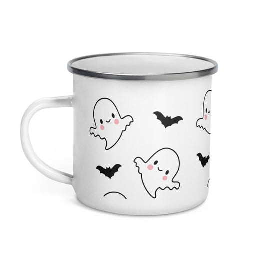 Halloween 12 oz Ghost and Bats Enamel Mug Ceramic Tumbler Reusable Washable White Coated Silver Rim Drinkware Seasonal Beverage Mug