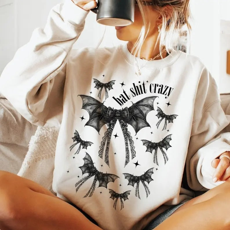 Halloween Bat shit crazy Gothic Coquette bow Shirt, Black bow Shirt, coquette halloweenShirt, Gothic girly  Trending
