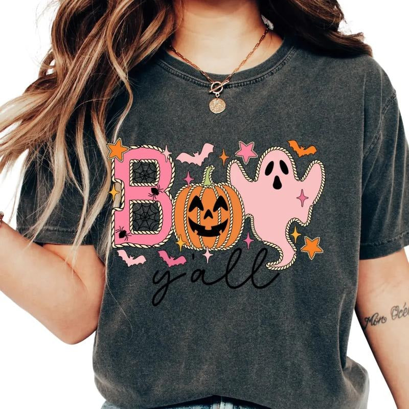 Halloween Boo Y'all Retro T-Shirt ~ Unisex Apparel Relaxed Fit Printed In The USA Clothing Womenswear Casual Comfort Cotton Top Athletic Boho Chic Everyday Flamingo