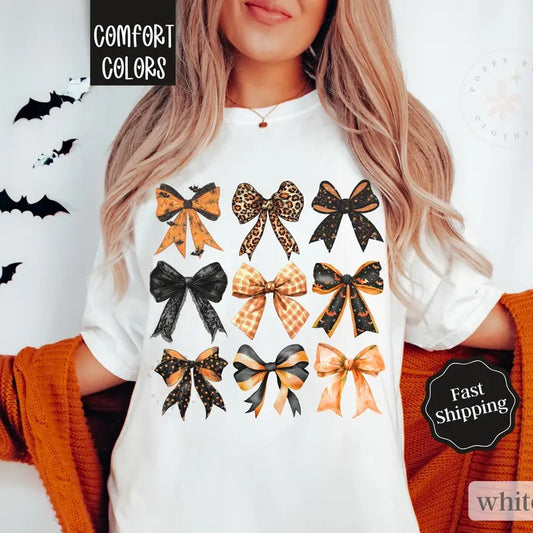 Halloween Bow Shirt Comfort Colors,  Spooky Women's Tshirt, Fall Oversized Womenswear halloween shirt