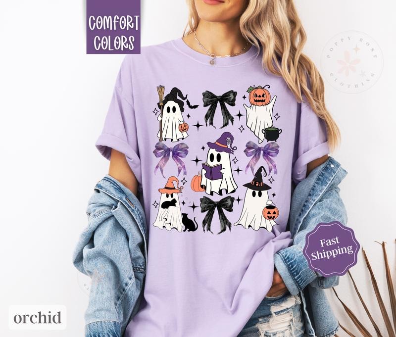 Halloween Bow Shirt Comfort Colors, Ghost Women's Tshirt, Fall Oversized Womenswear halloween shirt