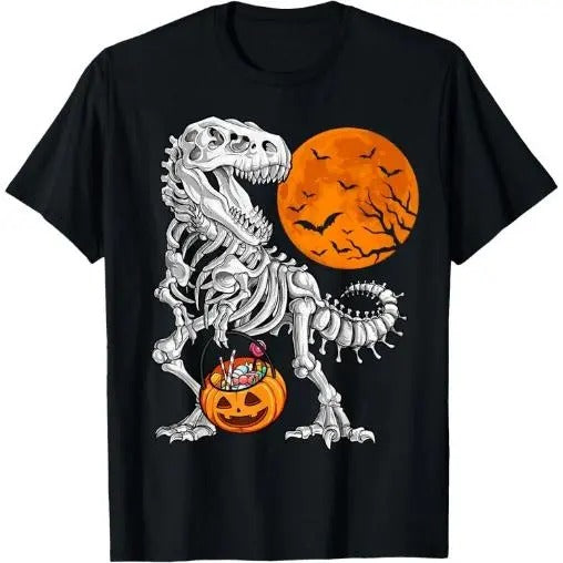 Halloween Boys Dinosaur Skeleton T rex Scary Pumpkin Moon T-Shirt Made in USA