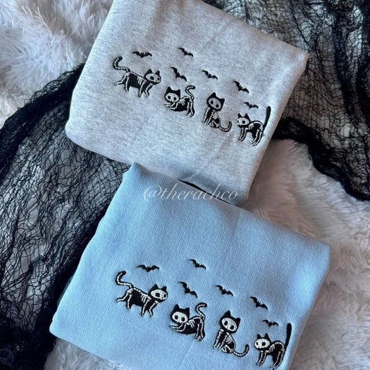 Halloween Cat Sweatshirt, Embroidered Halloween Sweatshirt, Cat Halloween Crewneck T-Shirts, Hoodie | WearSparks.com