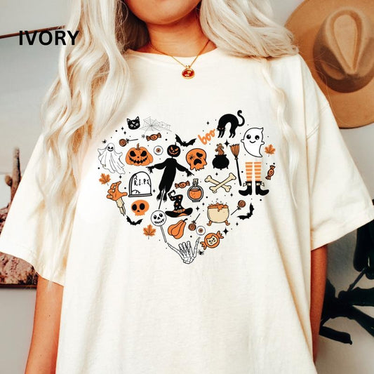 Halloween Comfort Colors Shirt, Halloween Doodles Heart Shirt, Fall shirt, Comfort Colors Halloween Shirt, Casual Shirt Unisex, Halloween Clothing, Graphic Halloween Apparel, Casual Cotton T-shirt, Unisex Halloween