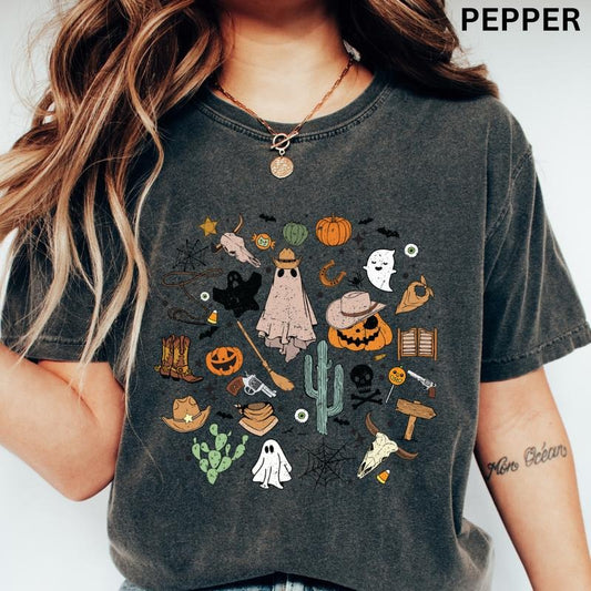 Halloween Comfort Colors Shirt, Western Halloween Doodles Shirt, Funny Ghost shirt, Comfort Colors Halloween Shirt, Casual Shirt Unisex, Halloween Clothing, Graphic Halloween Apparel, Casual Cotton T-shirt, Unisex Halloween